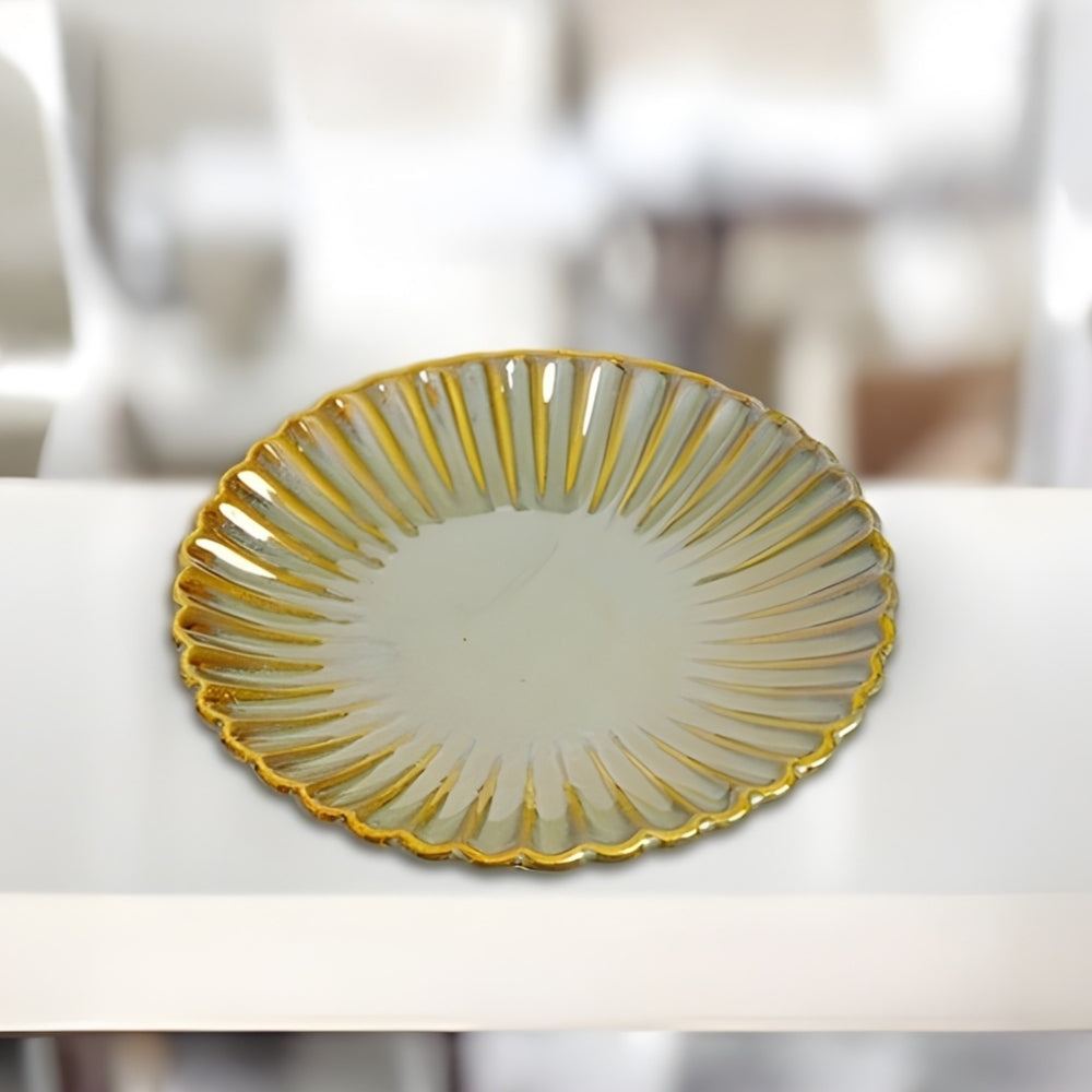 light grey ceramic round platter set of 2 with yellow curved edges elegant serveware for snacks starters and stylish dining presentation